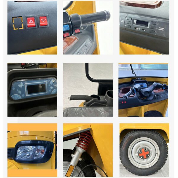 Passenger tricycle, five-seater, gasoline powered.
